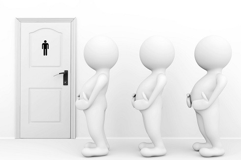3d persons mans need a toilet waiting in front of restroom sign