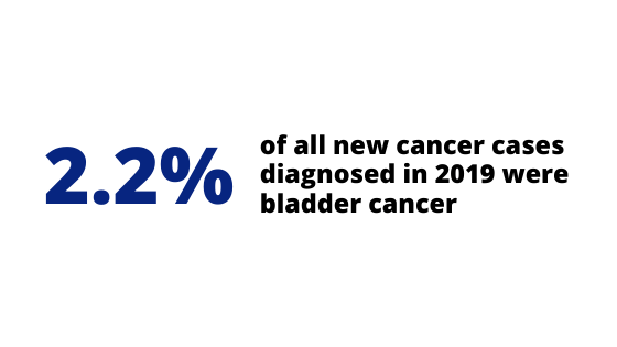 Bladder Cancer Statistics text graphic '2.2% of all new cancer cases diagnosed in 2019 were bladder cancer