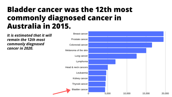 A Bar chart of different cancer diseases where Bladder cancer ranked 12th as most commonly diagnosed cancer in Australia in 2015